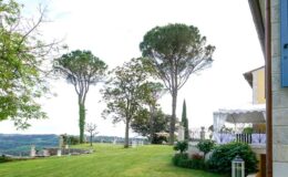 Lush green landscape featuring tall trees and a scenic view, with a beautifully set outdoor event space beside a charming building, ideal for weddings or gatherings in a serene environment.