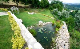 Lush garden landscape featuring a serene pond surrounded by rocks and vibrant yellow flowers, with a decorative gazebo in the background and trees lining the area.