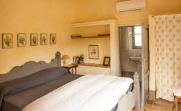 Cozy bedroom interior featuring a queen-sized bed with gray bedding, a wooden shelf with decorative items, and framed botanical prints on the warm yellow walls. The room includes an air conditioning unit and an adjacent bathroom with a shower curtain. Ideal for a relaxing stay.