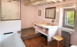 Bright and airy bathroom featuring a pink color scheme, wooden beams, a modern shower, a bathtub, and a minimalist vanity with natural light streaming through a window.