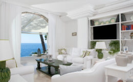 Bright and airy coastal living room with white furnishings, a large window offering a view of the ocean, and a stylish black coffee table. The space features elegant decor, including plants and decorative items on shelves, creating a serene atmosphere.