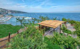A scenic view of a coastal landscape featuring a wooden pavilion surrounded by lush greenery, overlooking a marina and the ocean under a clear blue sky.