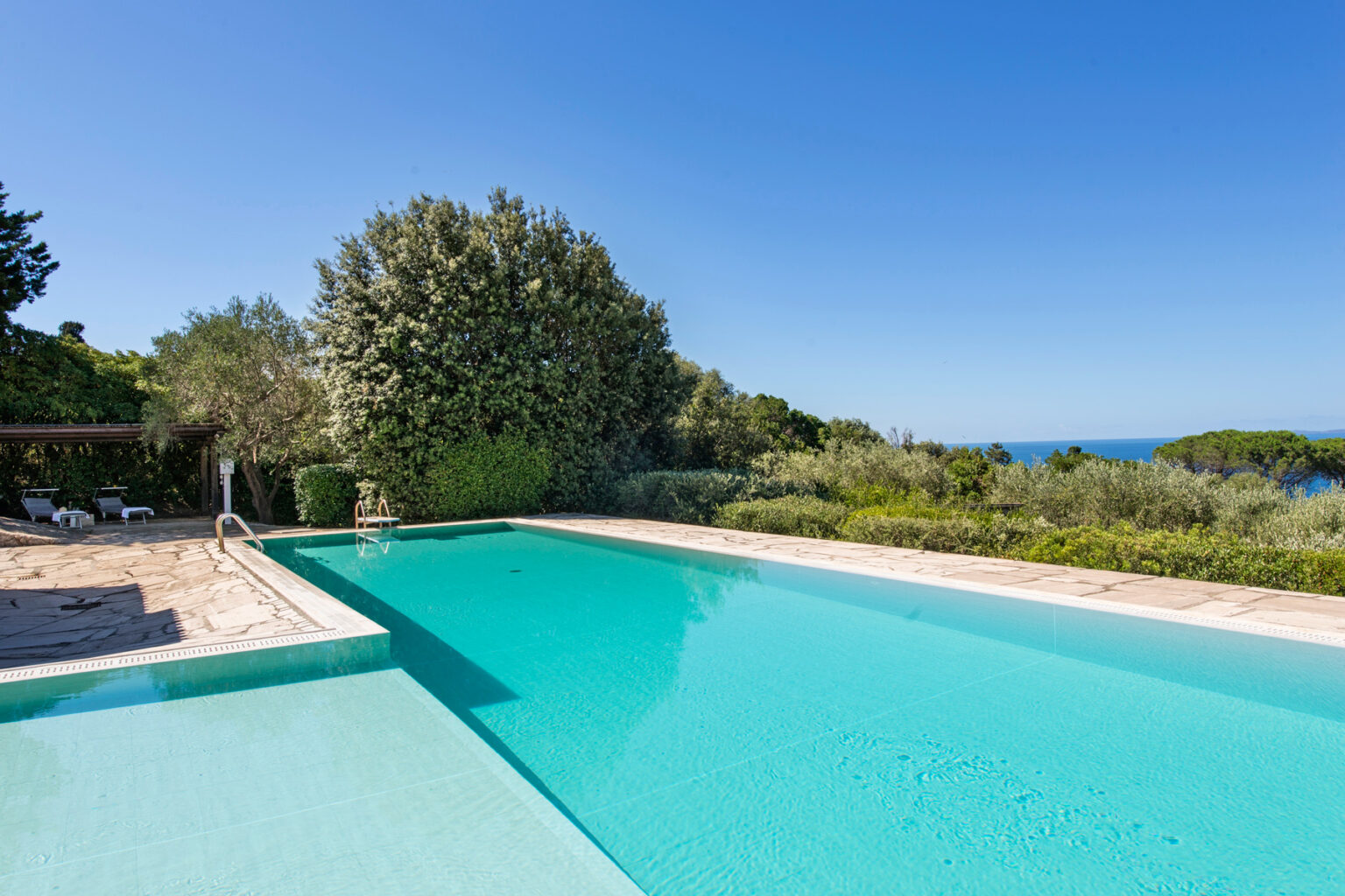 Luxury outdoor swimming pool with clear blue water, surrounded by lush greenery and trees, overlooking a scenic landscape and blue sky. Perfect for relaxation and summer gatherings. | Only on SopranoVillas