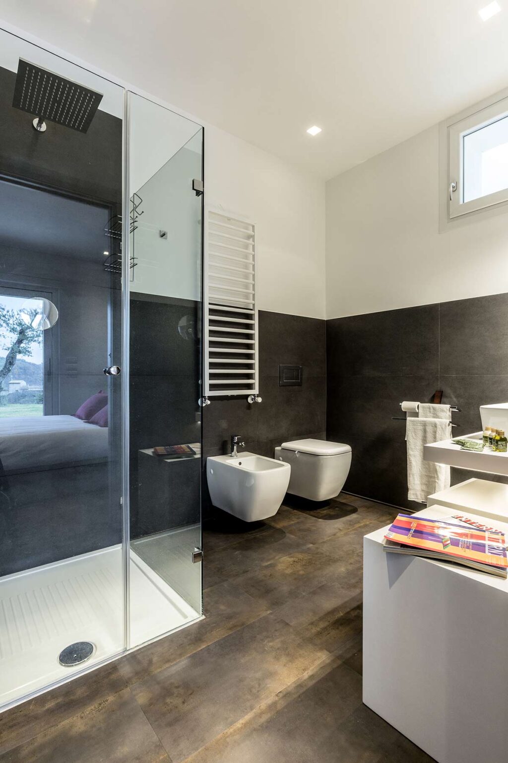 Modern bathroom design featuring a glass shower, bidet, and sleek towel radiator. The minimalist decor includes dark wall tiles and a view of a bedroom through the glass wall. | Only on SopranoVillas