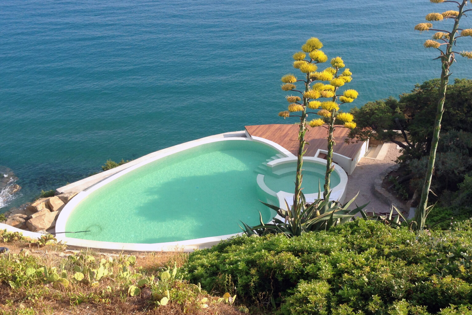A stunning oceanfront swimming pool surrounded by lush greenery and vibrant yellow flowers, offering a serene view of the calm blue sea. | Only on SopranoVillas