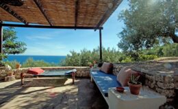 Cozy outdoor seating area with a view of the ocean, featuring a stone wall, comfortable cushions, and potted plants under a thatched roof surrounded by greenery.