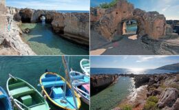 Scenic coastal landscape featuring clear turquoise waters, rocky formations, and historic ruins. The image includes colorful fishing boats docked in the foreground and a serene sunset illuminating the coastline, highlighting the natural beauty and rich history of the area.