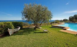 Scenic outdoor view featuring a swimming pool, olive tree, and a relaxing lounge chair overlooking the ocean on a sunny day. Ideal for vacation rentals or serene getaways.