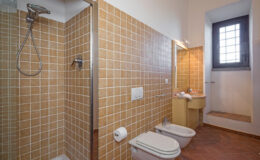 Modern bathroom featuring a walk-in shower, beige tiled walls, a toilet, and a sink with a mirror. Natural light enters through a window, creating a bright and inviting atmosphere.