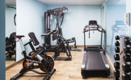 Home gym interior featuring a treadmill, stationary bike, multi-gym machine, and free weights on a wooden floor with blue walls.