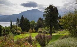 Scenic view of a lush garden with colorful flowers, trees, and a mountainous landscape in the background under a cloudy sky.