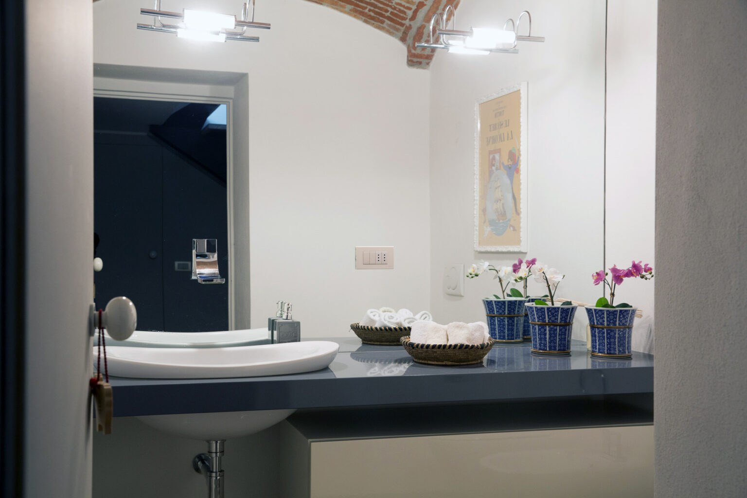 Modern bathroom interior featuring a sleek sink, blue countertop, and decorative potted orchids. The space is illuminated by stylish overhead lighting and includes a large mirror, creating a bright and inviting atmosphere. | Only on SopranoVillas