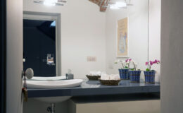Modern bathroom interior featuring a sleek sink, blue countertop, and decorative potted orchids. The space is illuminated by stylish overhead lighting and includes a large mirror, creating a bright and inviting atmosphere.