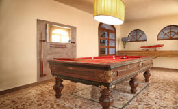 Elegant game room featuring a vintage billiard table with a red felt surface, surrounded by neutral-toned walls and decorative windows. A stylish pendant lamp hangs above, enhancing the inviting atmosphere.