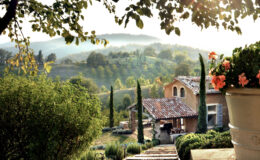 Scenic view of a rustic villa surrounded by lush greenery and cypress trees, with vibrant flowers in a pot, set against rolling hills and a misty morning sky. Ideal for promoting countryside retreats and nature tourism.
