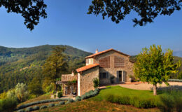 Scenic view of a rustic stone villa nestled in lush green hills, surrounded by trees and vibrant landscaping, showcasing the beauty of countryside architecture in a tranquil setting.