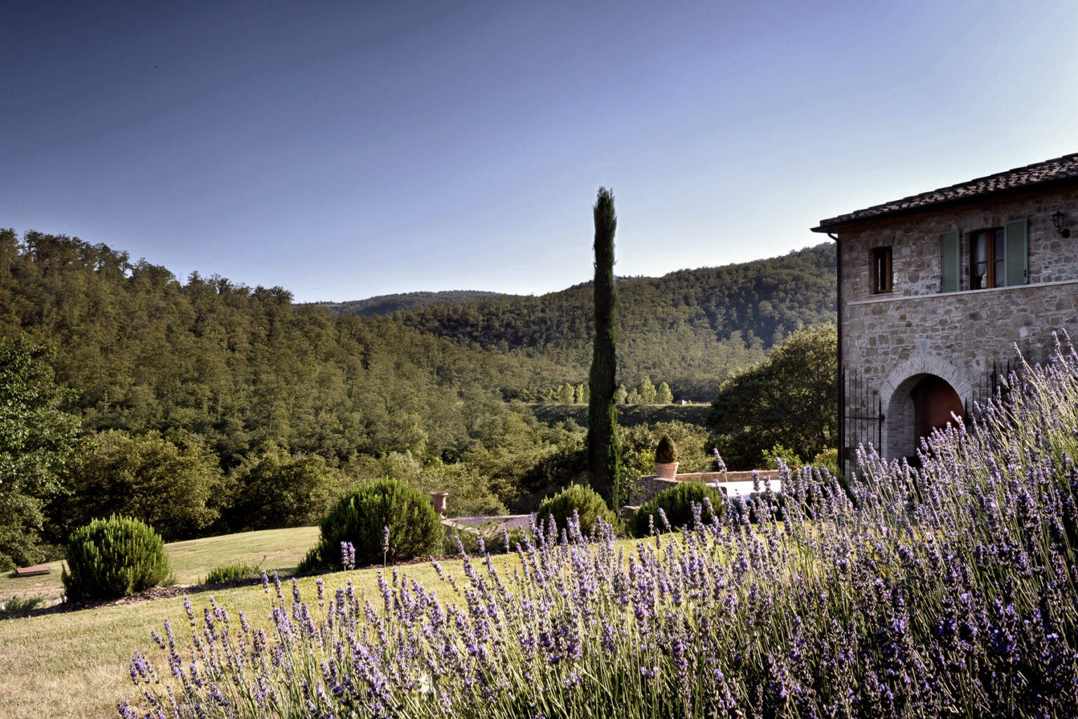 Scenic view of a rustic building surrounded by lush greenery and blooming lavender fields, set against a backdrop of rolling hills under a clear blue sky. | Only on SopranoVillas