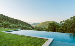 Infinity pool overlooking lush green hills under a clear blue sky, surrounded by olive trees, creating a serene and tranquil outdoor setting.