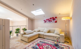 Cozy living room featuring a light-colored sectional sofa, a decorative rug, and modern lighting. The space is enhanced by natural light from a skylight and includes potted plants and wall art. Ideal for relaxation and contemporary interior design.
