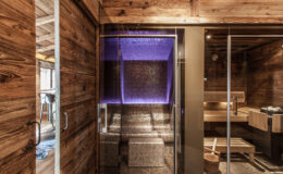 Modern sauna interior featuring a sleek glass enclosure, illuminated by purple LED lighting, set against rustic wooden walls and flooring, designed for relaxation and wellness.