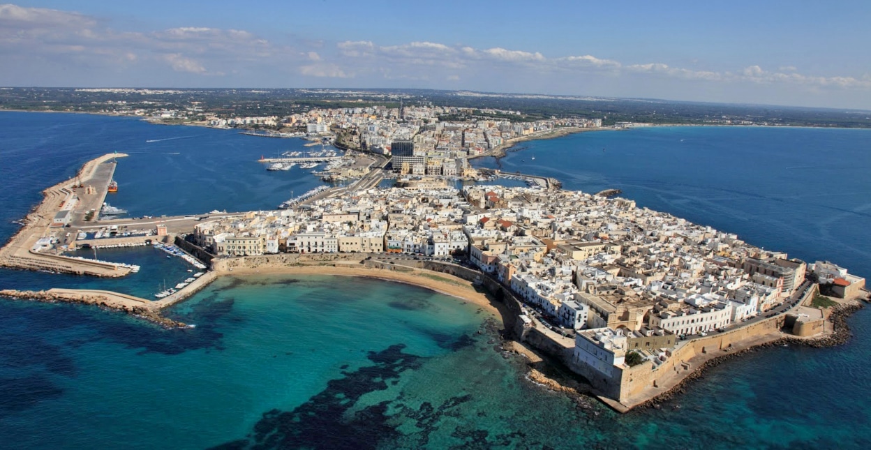 Aerial view of Gallipoli old town surrounded by the Ionian Sea