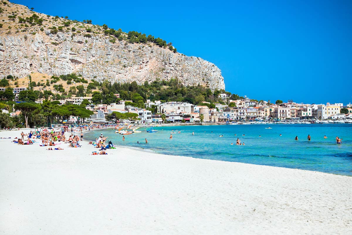 The beautiful Mondello Beach, a popular spot for locals and tourists near Palermo, Sicily.