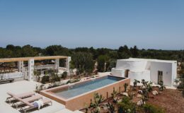 Modern villa with a swimming pool surrounded by lush greenery, featuring outdoor seating and a pergola, ideal for relaxation and outdoor living.