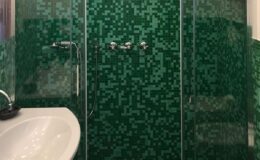 Modern bathroom design featuring a green mosaic tile shower with glass doors, complemented by a sleek white sink.