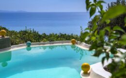 Scenic view of a clear blue swimming pool surrounded by lush greenery, with colorful floating orbs and a stunning ocean backdrop. Perfect for a relaxing getaway.
