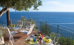 Scenic outdoor dining area overlooking the ocean, featuring white wrought iron furniture, colorful tableware, and a lush tree providing shade on a sunny day.