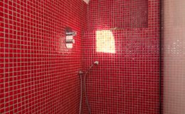Interior view of a modern shower featuring vibrant red mosaic tiles, a handheld showerhead, and a window allowing natural light to enter the space.
