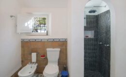 Modern bathroom featuring a white toilet and bidet, with a separate shower area finished in black tiles. The space includes a window for natural light and decorative tile accents.