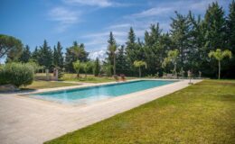 Scenic outdoor swimming pool surrounded by lush greenery and tall trees under a clear blue sky, ideal for relaxation and leisure activities.