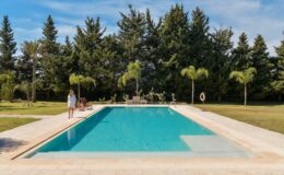 A serene outdoor swimming pool surrounded by lush greenery and palm trees, with a person relaxing by the poolside. Ideal for summer retreats and relaxation.
