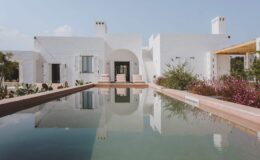 Modern white villa with a reflective pool, surrounded by desert landscaping and vibrant plants, showcasing a serene outdoor living space.
