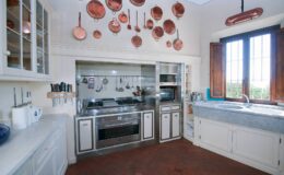 Modern kitchen featuring stainless steel appliances, a marble countertop, and hanging copper pots. Bright natural light streams through large windows, illuminating the spacious layout and cabinetry.