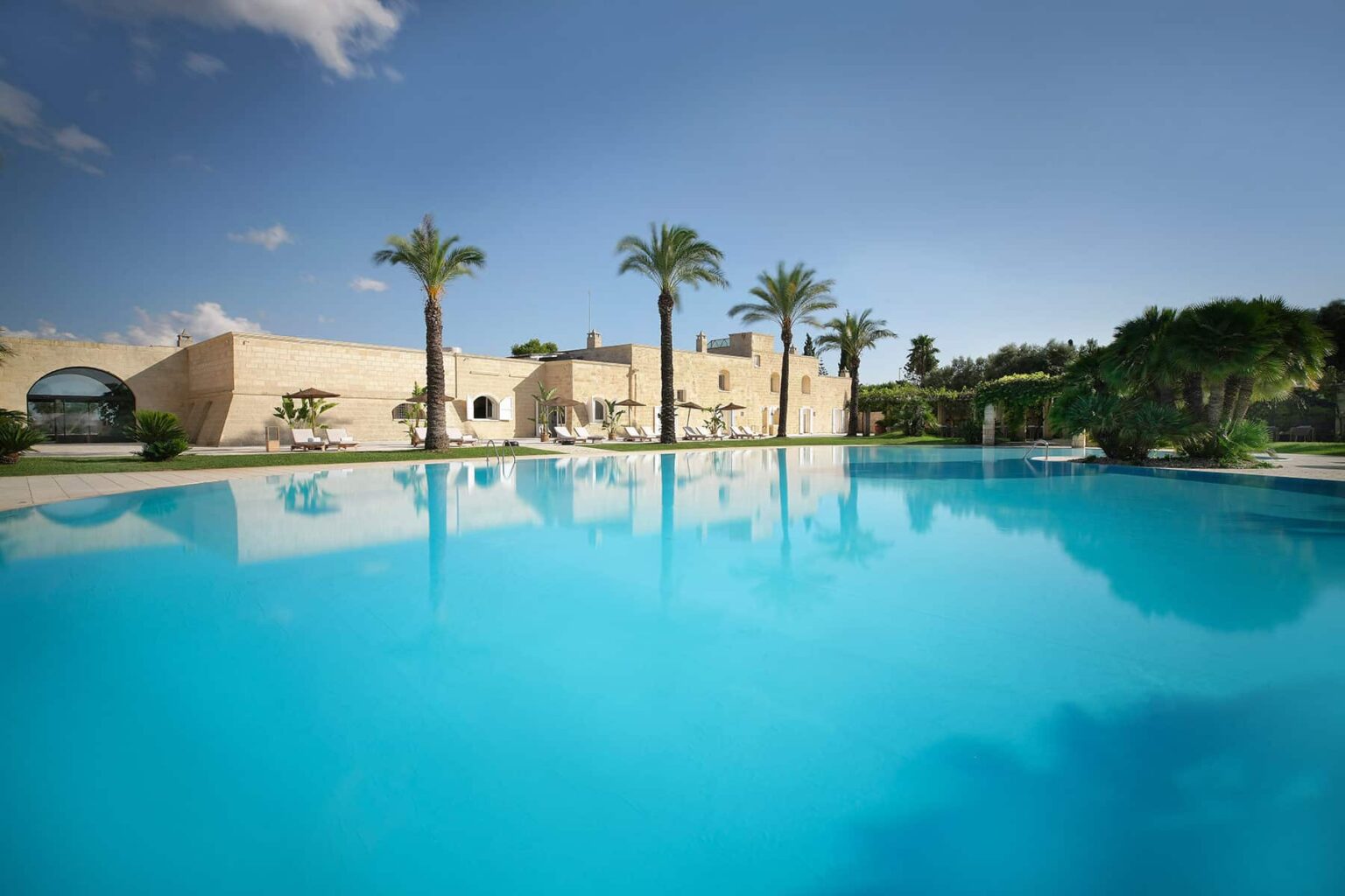 Luxurious outdoor pool surrounded by palm trees and modern architecture, reflecting a clear blue sky and serene landscape, ideal for relaxation and leisure. | Only on SopranoVillas