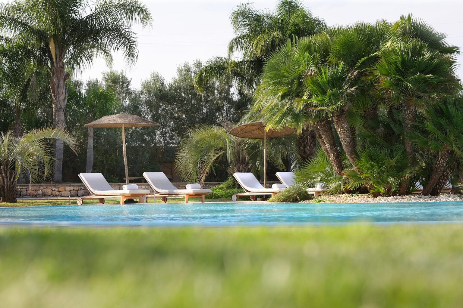 Relaxing pool area with lounge chairs and palm trees, surrounded by lush greenery, ideal for a tranquil getaway. | Only on SopranoVillas