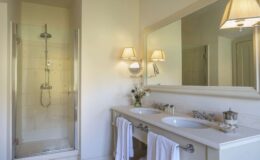 Modern bathroom featuring a glass shower enclosure, double vanity with sinks, elegant wall sconces, and a large mirror. The space is bright and airy, enhanced by neutral colors and decorative touches like fresh flowers and neatly arranged towels.