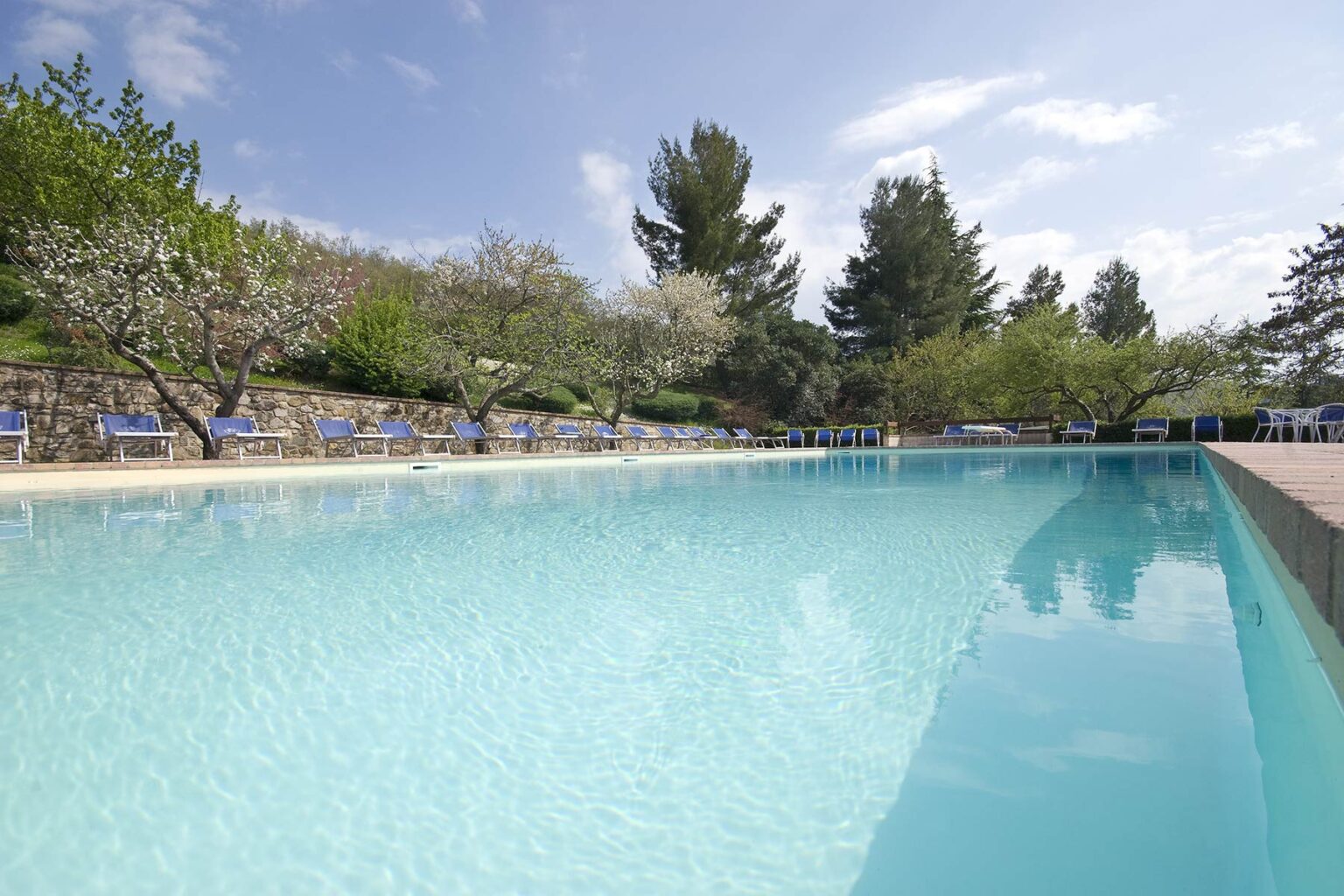 Clear blue swimming pool surrounded by lush greenery and trees, with lounge chairs positioned along the edge, under a bright blue sky. Perfect for relaxation and leisure activities. | Only on SopranoVillas