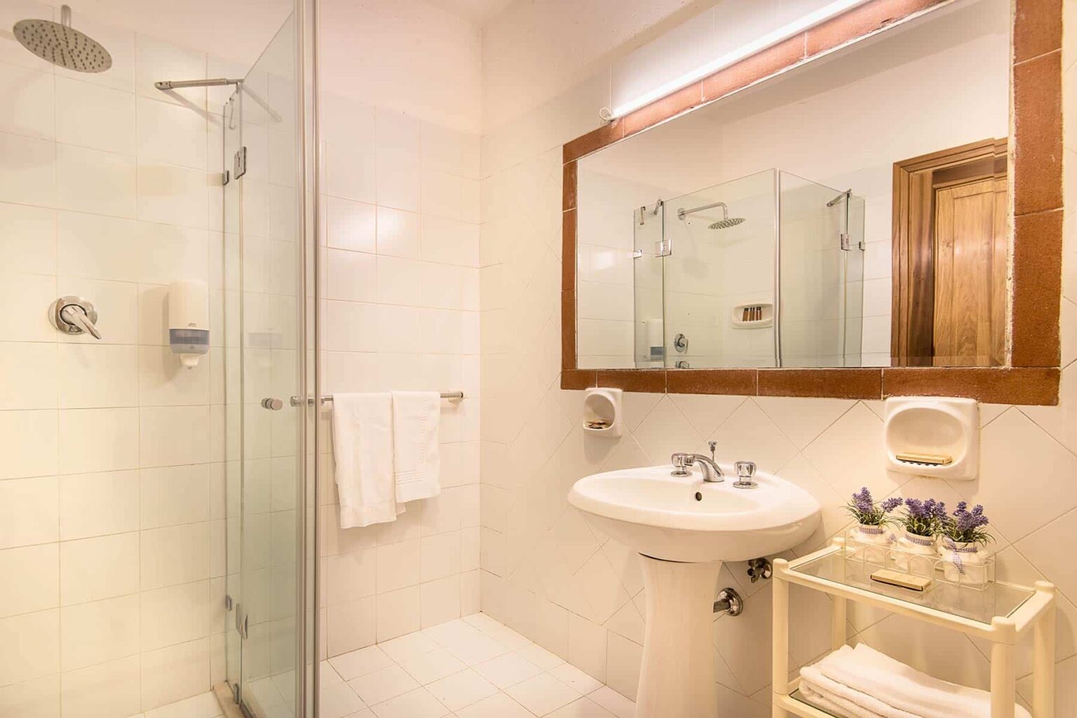 Modern bathroom featuring a glass shower, white tiled walls, a sink with a mirror above, and neatly arranged towels. The space is well-lit and includes decorative elements like a small shelf with plants. | Only on SopranoVillas