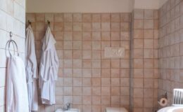 Modern bathroom featuring beige tiled walls, two hanging white bathrobes, and essential fixtures including a toilet and a towel rack. Ideal for showcasing home decor and design ideas.
