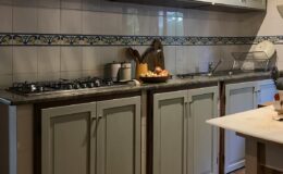 Modern kitchen interior featuring a sleek granite countertop, gas stove, and wooden cabinets with a light green finish. The tiled backsplash adds a decorative touch, while kitchen utensils and fresh fruit create an inviting atmosphere.