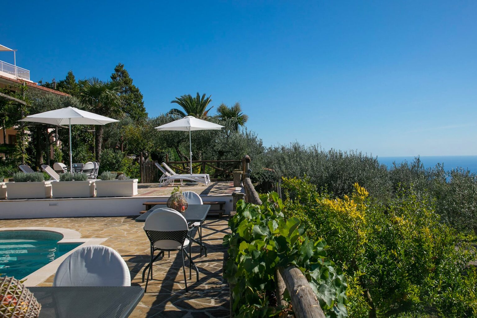 Luxurious villa terrace with a swimming pool, sun loungers, and umbrellas, overlooking a scenic ocean view surrounded by lush greenery and vibrant flowers. | Only on SopranoVillas
