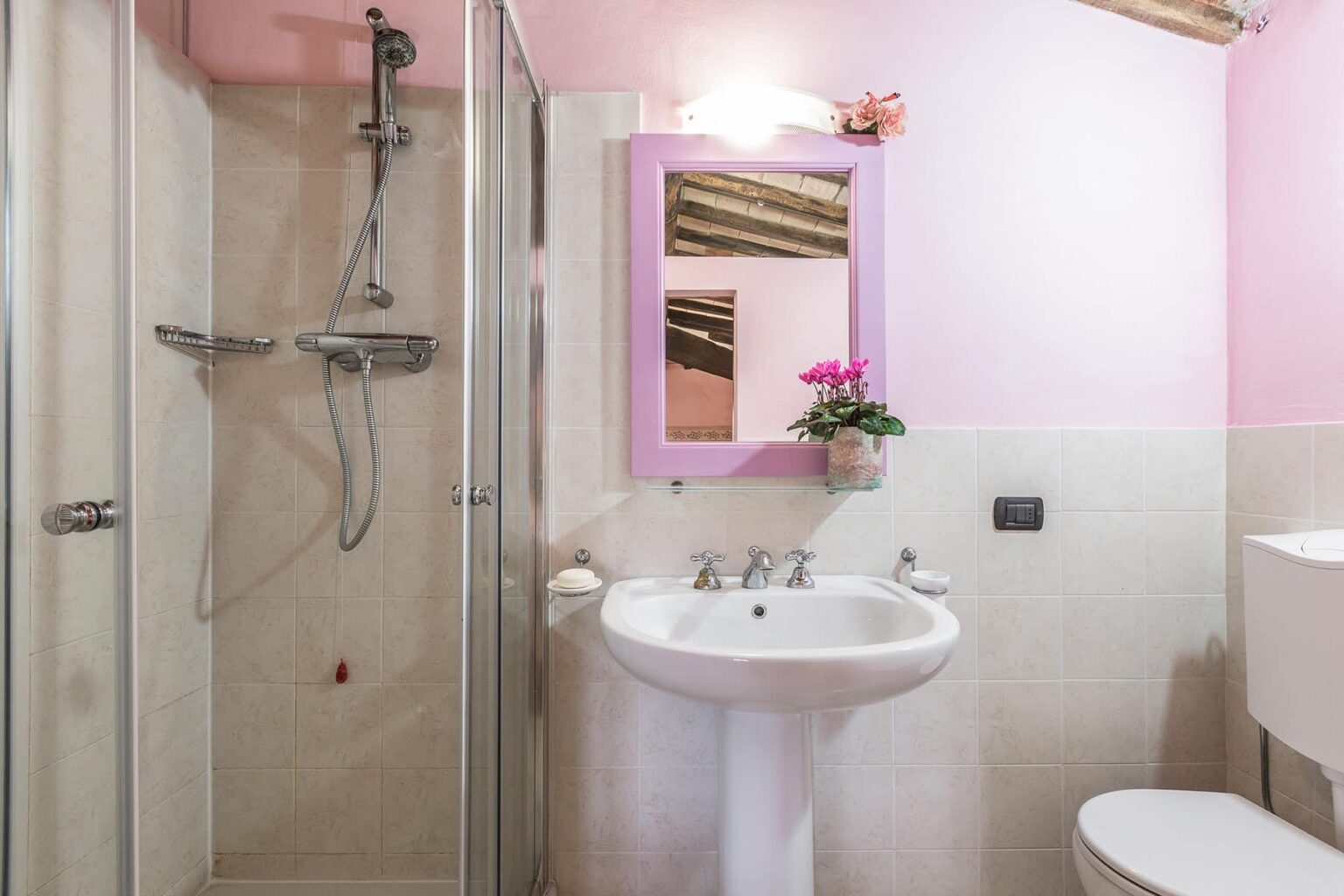 Modern bathroom featuring a walk-in shower, a white sink with a stylish faucet, and a decorative mirror framed in purple. The walls are painted in soft pink, complemented by a small potted plant for a touch of greenery. | Only on SopranoVillas