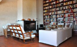Cozy living room featuring a large bookshelf filled with books, a modern fireplace, and comfortable seating arrangements including white and wooden chairs. The warm tile floor adds to the inviting atmosphere.