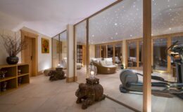 Home spa interior featuring a tranquil atmosphere with ambient lighting, wooden accents, and a fitness area. The space includes comfortable seating, decorative elements, and a serene color palette, ideal for relaxation and wellness.