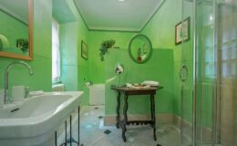 Bright green bathroom featuring a modern shower, decorative plants, and elegant furnishings. The space includes a vintage-style table and stylish mirror, creating a refreshing and inviting atmosphere.