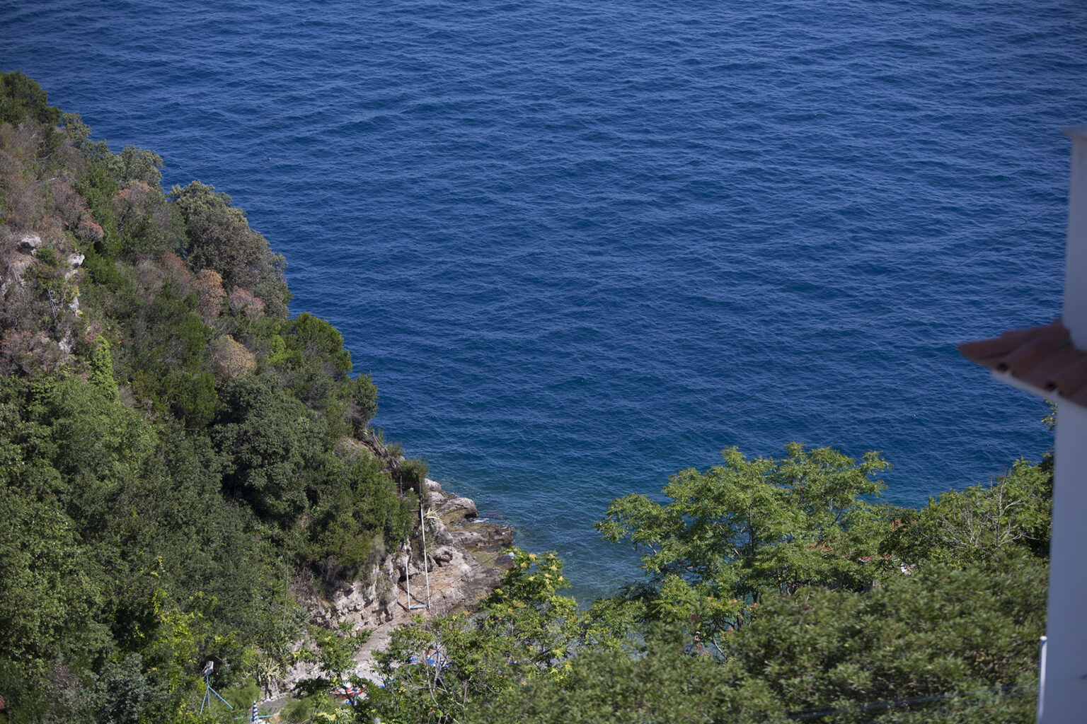 Coastal view of clear blue water meeting rocky shoreline, surrounded by lush greenery and trees. | Only on SopranoVillas