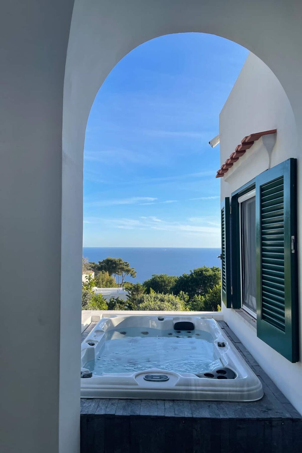 Scenic view of the ocean from a window framed by green shutters, with clear blue skies and lush greenery in the foreground. | Only on SopranoVillas